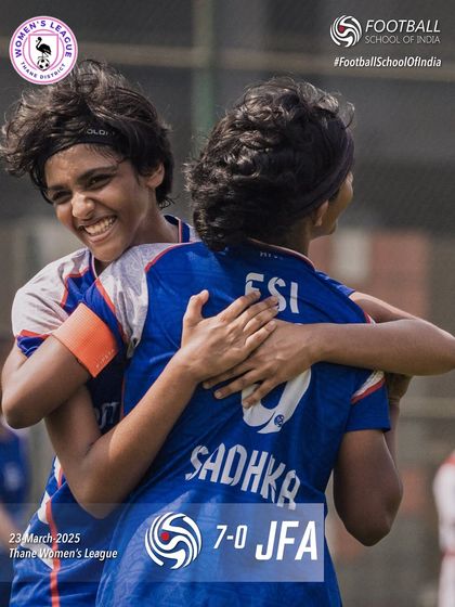 The joy of scoring. Two teammates celebrate a goal during our 7-0 win in the Thane Women's League.