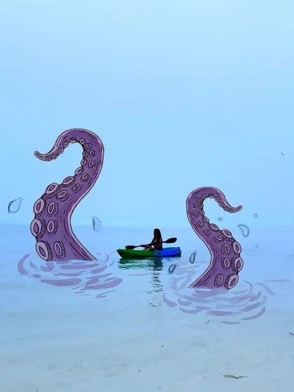 Don't just post a photo, tell a story with it. I can take your travel pictures, like this simple kayaking shot, and add whimsical illustrations like giant octopus tentacles to make it a legit piece of art.