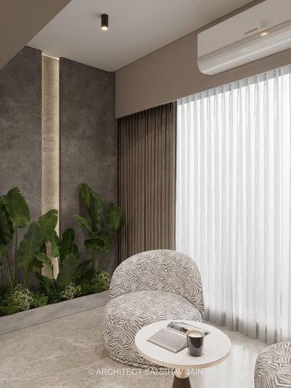 A serene nook that effortlessly blends minimalism with natural warmth. The muted taupe and grey palette forms a soft, grounding base, while earthy stone textures and matte finishes lend a raw elegance to the backdrop.