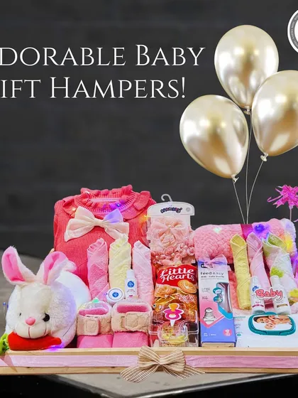 Welcoming a precious little one is a joyous occasion. I design adorable and practical baby hampers, like this one for a baby girl, packed with essentials, soft toys, and cute apparel to celebrate the new arrival in style.