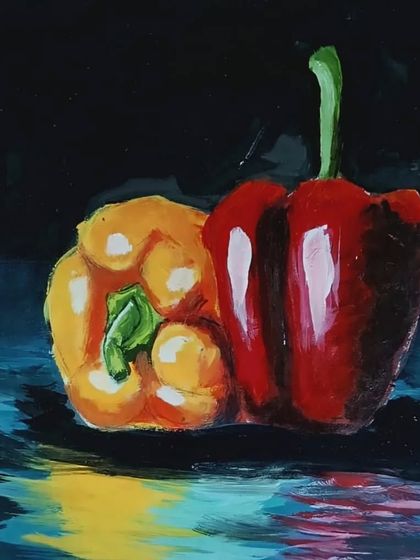 A vibrant still life study of capsicums by Sahil. This exercise in acrylics focuses on capturing reflective surfaces and rich colors, a fundamental skill for any realist painter.