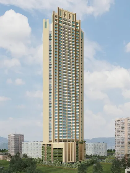 A full view of the Mulund residential tower, showcasing its slender profile and articulated crown. The design aims to create a new architectural masterpiece on the city's skyline through visionary collaboration.