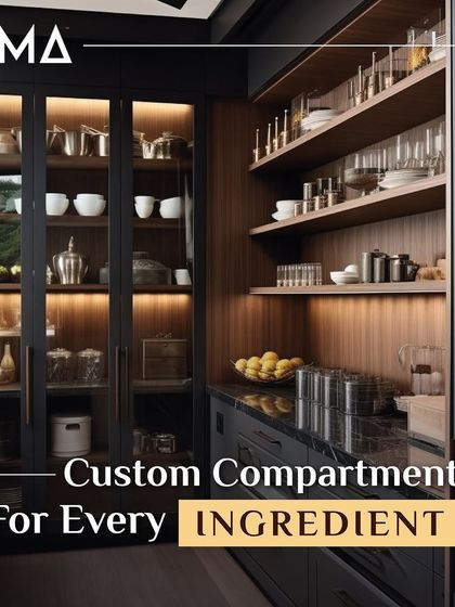 I design custom compartments for every ingredient. This pantry showcases a mix of open shelving for beautiful glassware and closed cabinets for dry goods, all illuminated with integrated lighting for a truly high-end feel.