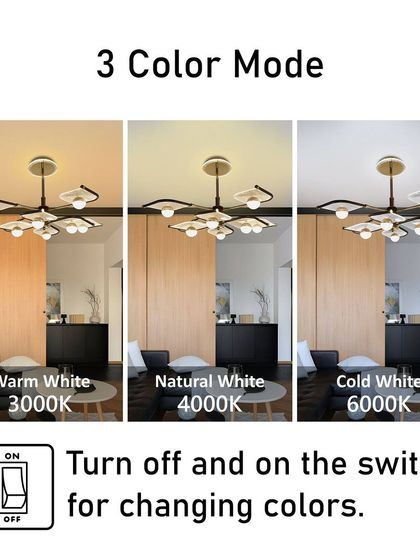 Here you can see the 3-color options for our six-arm modern chandelier. This feature gives you the flexibility to create the perfect lighting for any occasion.