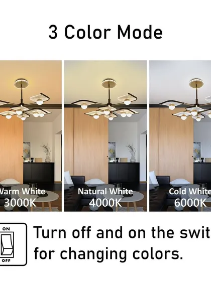 Here you can see the 3-color options for our six-arm modern chandelier. This feature gives you the flexibility to create the perfect lighting for any occasion.