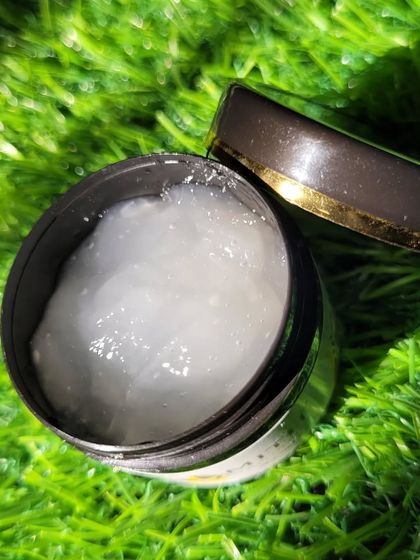 A jar of my clear Lavender Gel, made with no added color or chemicals. This soothing gel is made with lavender oil and almond oil to calm and hydrate the skin.