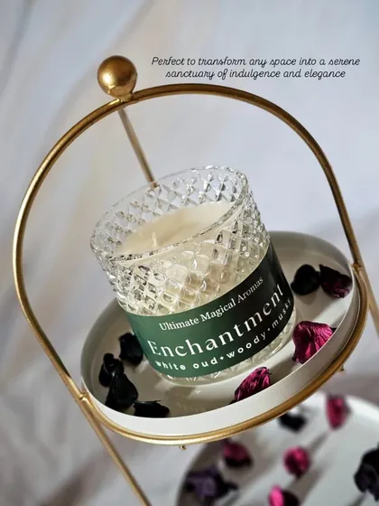 This is my 'Enchantment' Crystal Jar Candle, a blend of white oud, woody, and musky notes. The elegant crystal jar sparkles beautifully, making it a stunning decor piece that transforms any space into a serene sanctuary.