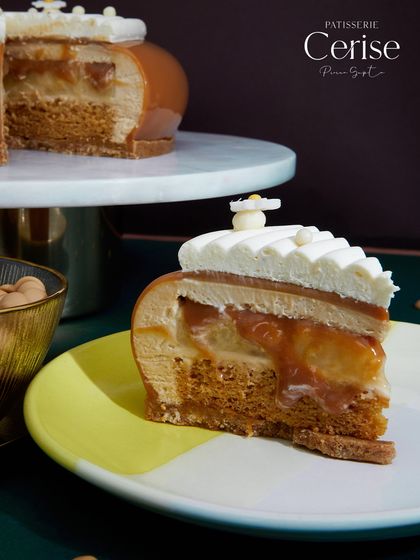 My Karamella entremet, a luxurious play on the classic banoffee dessert. It has layers of velvety caramel, balanced banana flavours, and a delicate biscuit base.