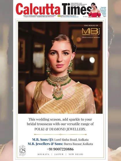 A front-page advertisement for The House of MBJ in Calcutta Times. This jewellery campaign shot is clean and elegant, designed to make the polki and diamond necklace the hero of the image.