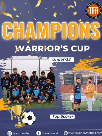 Celebrating my U-13 champions of the Warrior's Cup. This graphic highlights the team's victory and our top scorer, proving our focus on developing sharp, effective players.