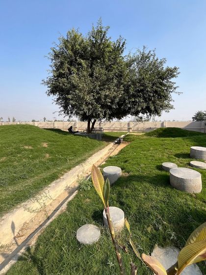 A view of the outdoor learning and play area taking shape. The simple concrete seats and natural mounds encourage kids to explore and interact with their environment in a fun, unstructured way.