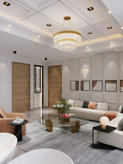 The room is designed with multiple access points, enhancing its open and airy feel. The consistent color palette of neutrals with earthy pops of color ensures a harmonious look throughout.