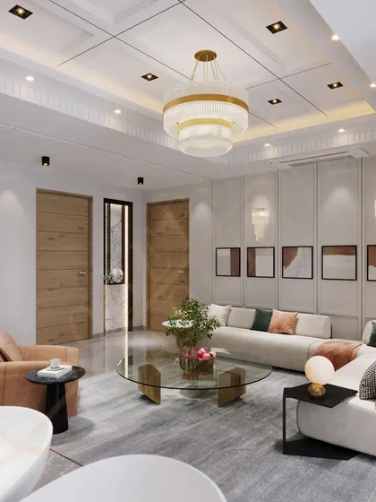 A minimalist living room with clean lines and a neutral color palette. The space feels open and uncluttered, with carefully selected art and furniture.