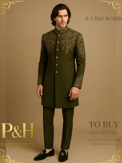 This dark olive green Indo-Western suit is a testament to understated luxury. The tonal hand-embroidery adds texture and depth, perfect for a sophisticated daytime or evening event.