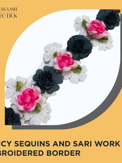 A fancy embroidered border featuring 3D fabric flowers in pink and black. This dimensional lace adds a unique, textural element to gowns, dresses, and blouses.