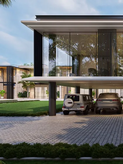 A render of a striking two-story outhouse. The glass-dominated facade, metal louvers, and cantilevered form create a sleek, urban appeal that complements the main residence while maintaining its own identity.