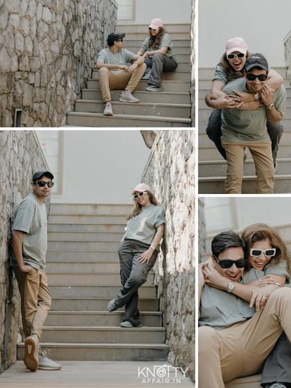 A collection of fun, casual moments from their pre-wedding shoot. The piggyback ride and cool poses on the steps show their playful side and easygoing chemistry.