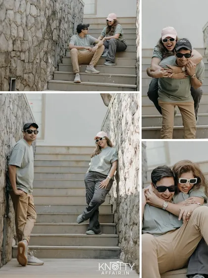 A collection of fun, casual moments from their pre-wedding shoot. The piggyback ride and cool poses on the steps show their playful side and easygoing chemistry.