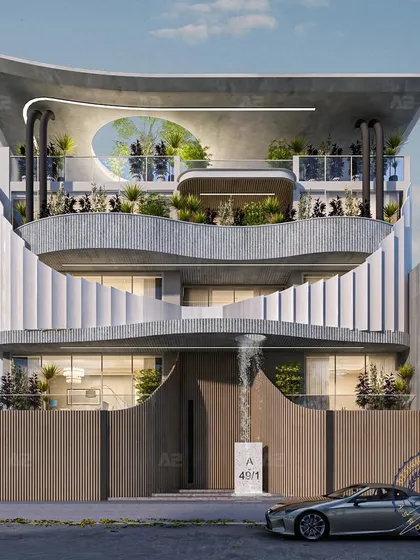 Another view of the exposed concrete house, this design highlights the central oculus and cascading water feature. The facade is a testament to architectural innovation, where form meets function and every detail whispers elegance.
