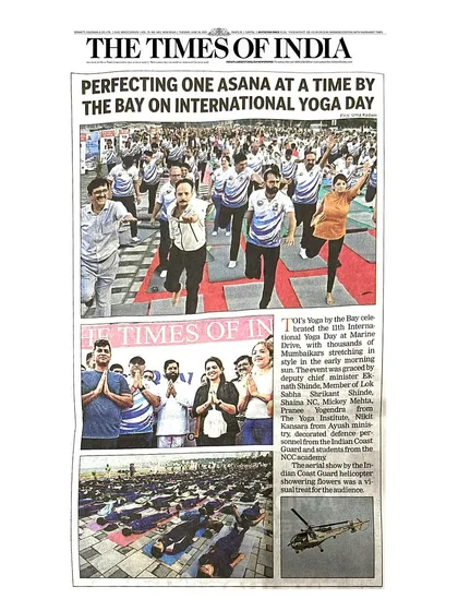 Our International Day of Yoga event, "Yoga by the Bay," was featured in The Times of India. Media coverage like this helps us reach more people with the message that yoga is for everyone.