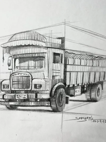 A pencil drawing of a large truck, focusing on its structure and perspective. These studies are part of my online drawing classes.