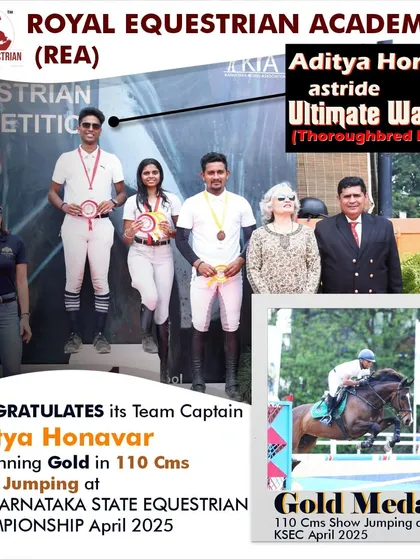 The result of dedication. Our Team Captain, Aditya Honavar, securing the Gold Medal in 110 cm Show Jumping at the Karnataka State Equestrian Championship. We train competitors to reach the top of the podium.