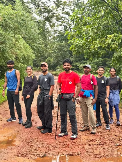 Our trekking group on the muddy trail to Dudhsagar. We are equipped for all conditions to ensure a safe and fun experience.