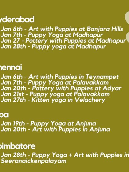 Our January event calendar for Hyderabad, Chennai, Goa, and Coimbatore. Start your wellness journey with us.