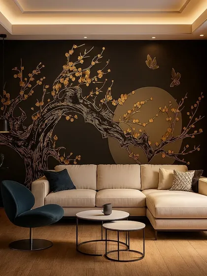 This custom wallpaper features a Japanese-inspired cherry blossom tree against a dark background. The gold detailing on the branches and blossoms catches the light, creating a serene yet striking feature wall.
