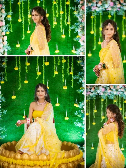 A series of portraits showing the bride in her element during the Haldi function. The setting, with a backdrop of hanging marigolds, adds to the festive and vibrant atmosphere.
