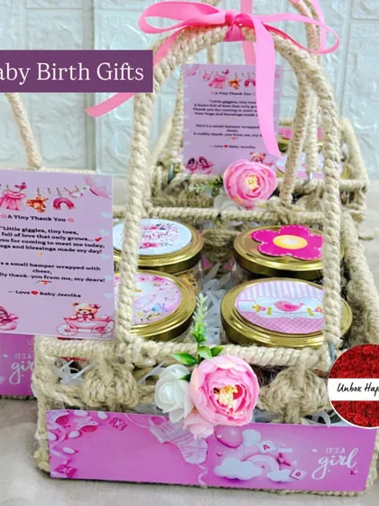 Labeled as "Baby Birth Gifts," these jute baskets are a wonderful way to thank friends and family for their good wishes.