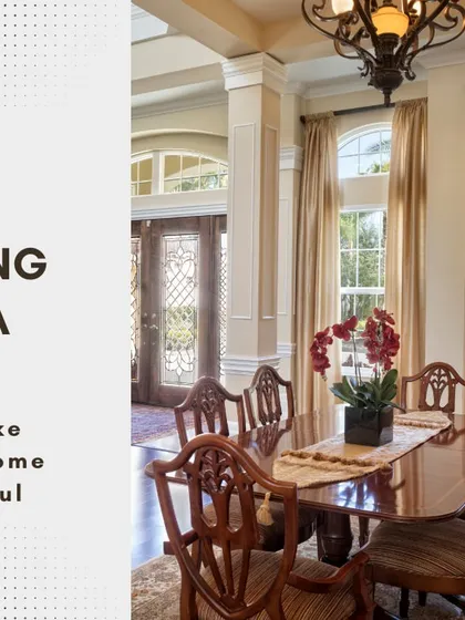 We make your home beautiful. This graphic highlights our dining area design services, showcasing a traditional and elegant dining set in a spacious room.