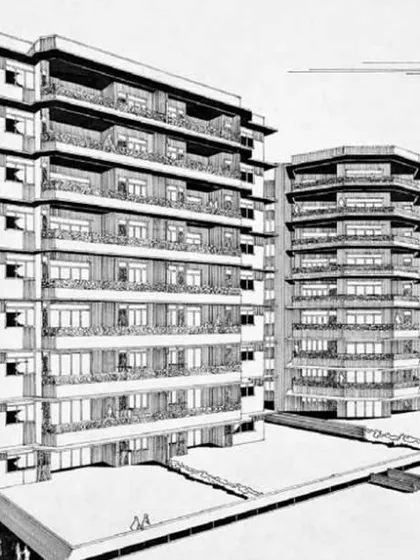 An archival sketch exploring early concepts for multi-family housing in Bombay. Even then, my focus was on introducing a sense of 'home-ness' into apartment living, moving beyond purely functional design to create spaces for human connection.
