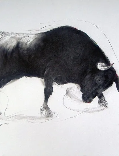 The 'Bull Series' is a recurring theme that many of my collectors follow. This particular piece by Sunil Sarkar captures the animal's raw power and grace with incredible economy of line, showcasing how a simple drawing can convey immense energy.