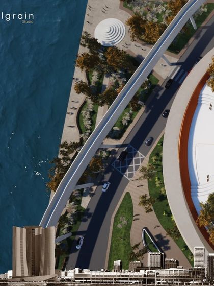 An aerial collage showing the master plan for the Detroit waterfront. My design focuses on creating a vibrant public realm that connects the city to the river with pedestrian pathways and green spaces.