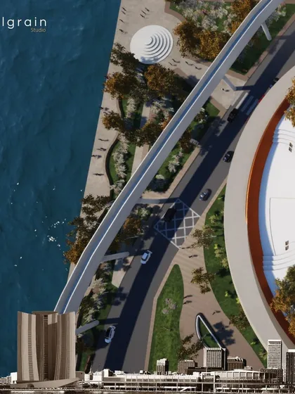 An aerial collage showing the master plan for the Detroit waterfront. My design focuses on creating a vibrant public realm that connects the city to the river with pedestrian pathways and green spaces.