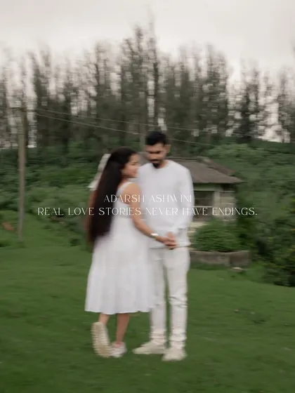 An artistic shot with a motion blur effect, creating a dreamy and ethereal feel. The text overlay adds a romantic, storybook touch to this Ooty pre-wedding photo.