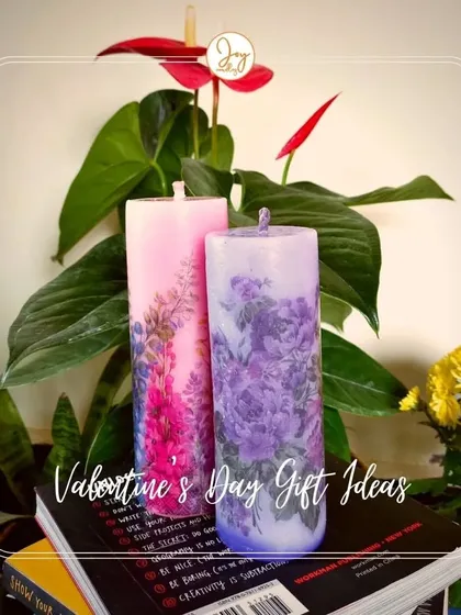 A Valentine's Day gift idea: our tall, elegant printed pillar candles. These feature beautiful floral prints and can be customized in romantic fragrances to set the mood.