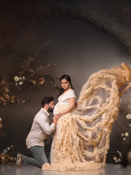 A one-of-a-kind fantasy edit. We used AI-assisted techniques to create this dramatic and artistic scene, with the couple at the center of a celestial-inspired backdrop.