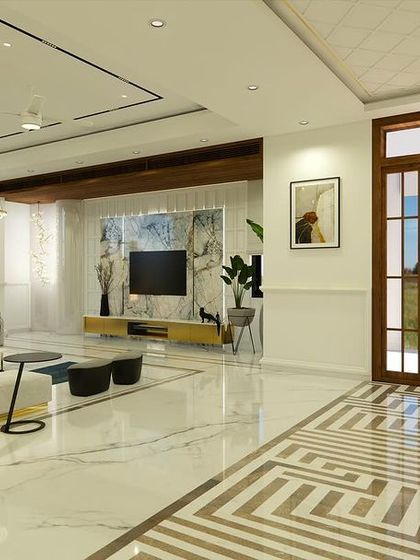 The entrance view of "Yash Villa," showing the intricately designed wooden main door and its relationship with the expansive living area.