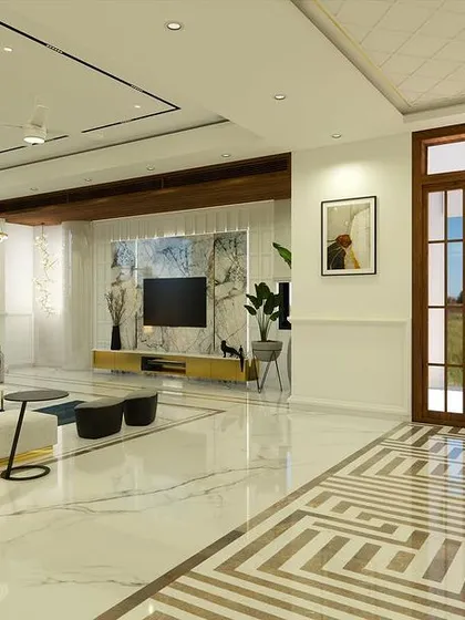 The entrance view of "Yash Villa," showing the intricately designed wooden main door and its relationship with the expansive living area.