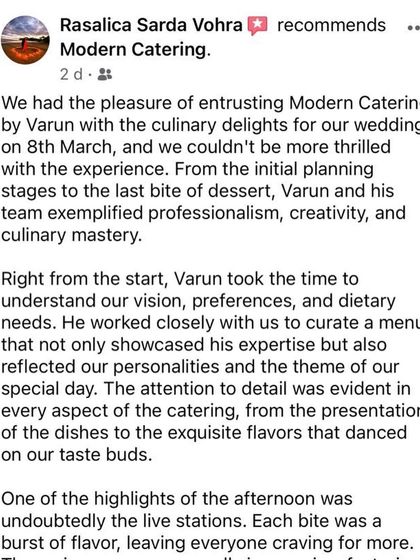 A wonderful, in-depth testimonial from a recent wedding. The client notes our professionalism, creativity, and how we worked closely with them to curate a menu that reflected their personalities and theme.