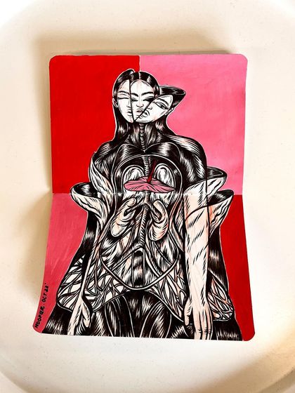 An ink drawing with red and pink color blocks, showing a figure with an exposed heart.