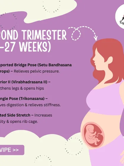 The second trimester is often a time of renewed energy. We introduce poses like Supported Bridge (Setu Bandhasana) to relieve pelvic pressure and Warrior II to strengthen your legs and open your hips, preparing your body for the months ahead.