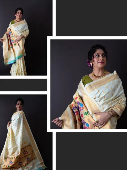 A studio shoot featuring a classic off-white Paithani saree. The clean, dark background makes the colorful peacock design on the pallu stand out, which is a key selling point for the brand.