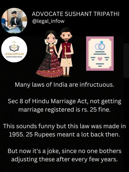 Did you know the fine for not registering a marriage under the Hindu Marriage Act of 1955 is just 25 rupees? This is an example of an outdated law where the penalty has become trivial over time, highlighting the need for periodic legal reforms.