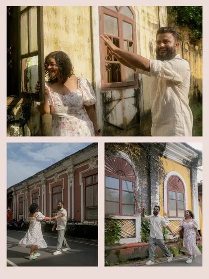 A collage of the couple dancing and interacting in the colorful lanes of South Goa. These shots are full of movement, life, and the joy of exploration.