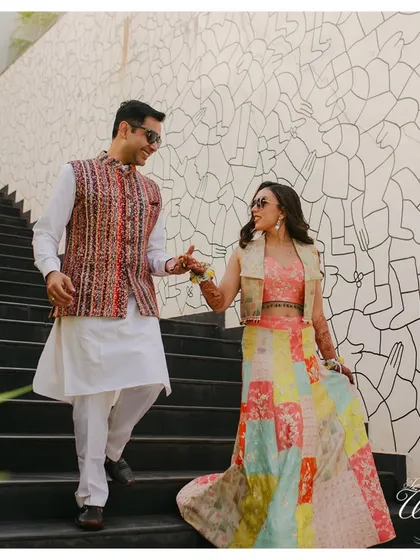 A stylish shot of the couple during their Haldi event. Their coordinated outfits and confident smiles reflect the chic and modern approach I can bring to traditional functions.