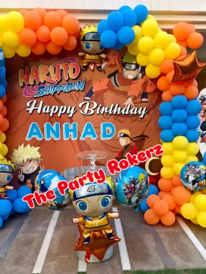 For older kids, I can create parties based on popular anime like Naruto. This outdoor setup includes a balloon arch in the theme's colors, a custom backdrop, and character-themed foil balloons and cutouts, perfect for an action-packed celebration.