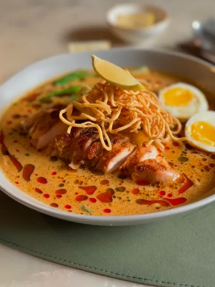 Our take on Khao Soi, a rich and fragrant coconut curry noodle soup with tender chicken and a soft-boiled egg.